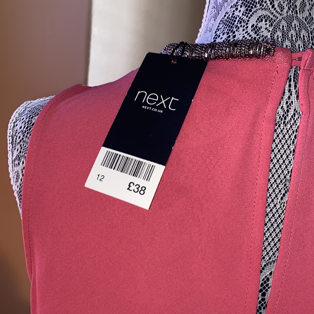 Next pink sleeveless beaded neckline ruffle blouse size 12 - Picture 5 of 10